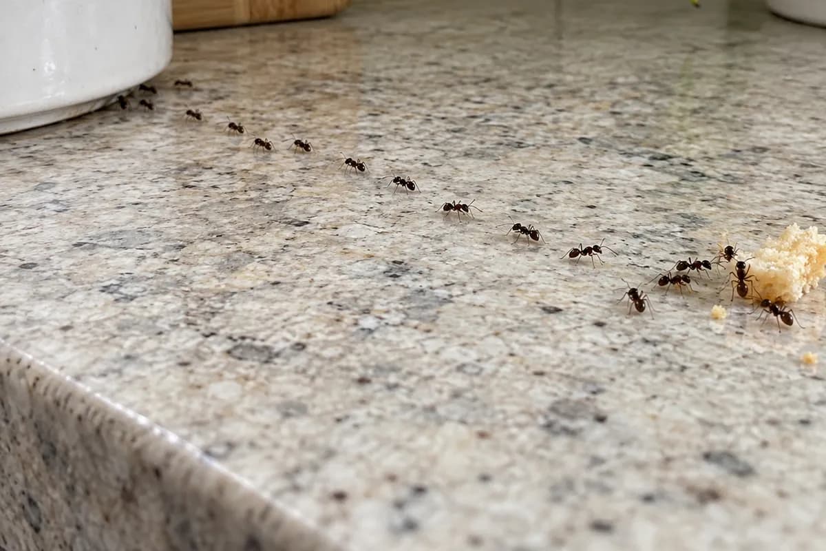 A line of small dark ants crossing a speckled granite kitchen counter toward crumbs beside a plant pot.