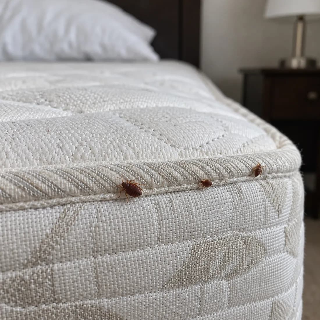 Three reddish-brown bed bugs walking along the corded piping at the top edge of a white mattress.