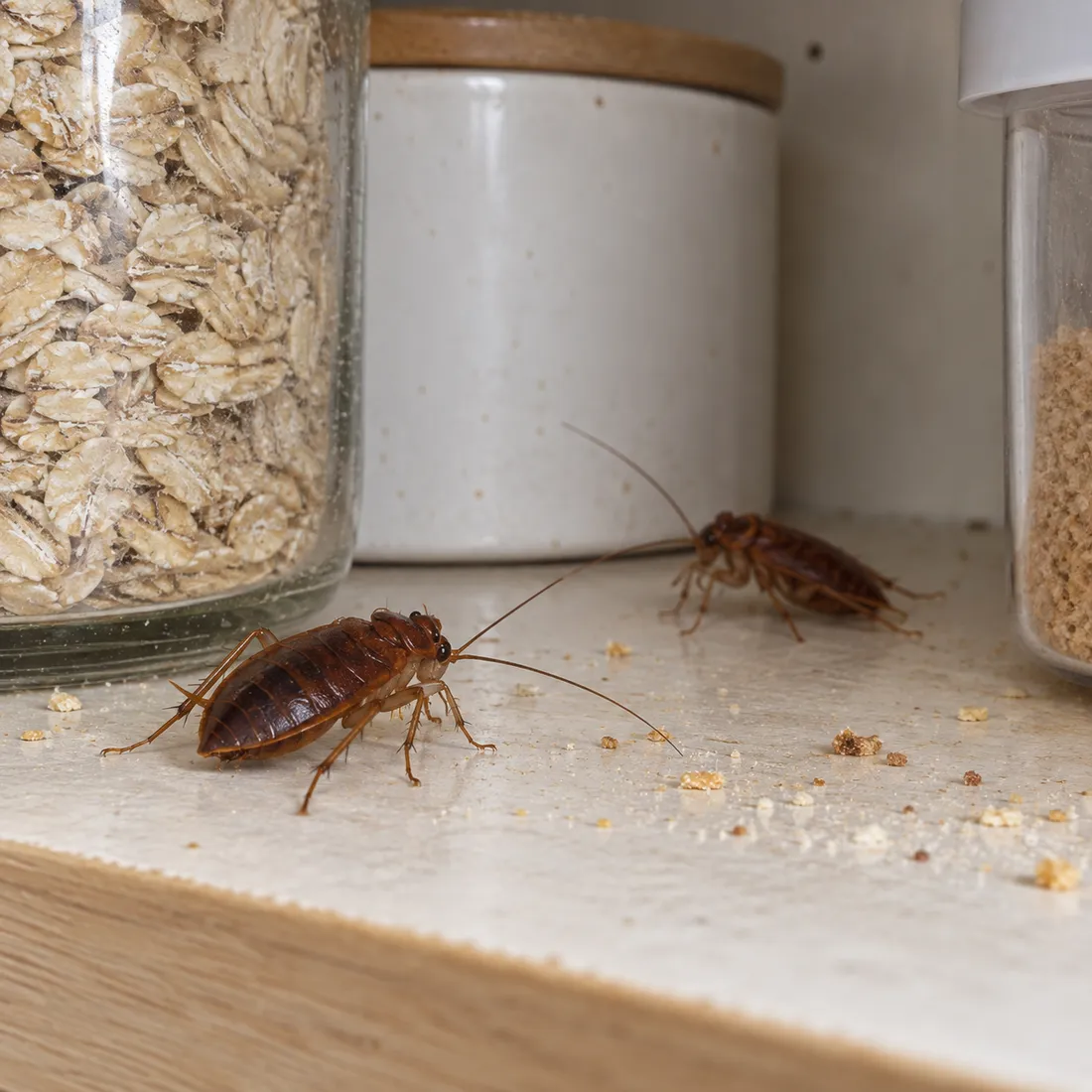 Two reddish-brown cockroaches on a pantry shelf beside jars of oats and sugar, with crumbs scattered around.
