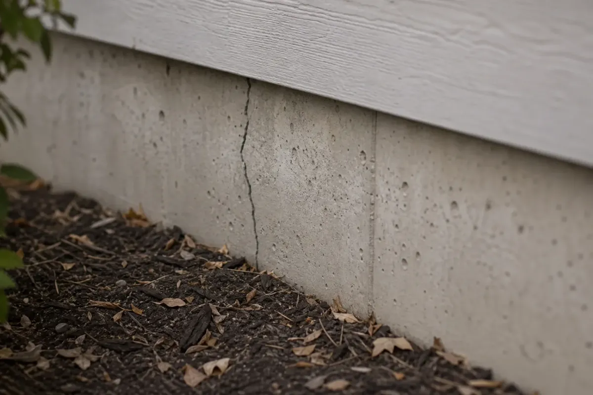 A hairline crack in a concrete house foundation just above a mulch bed banked with dry leaves.