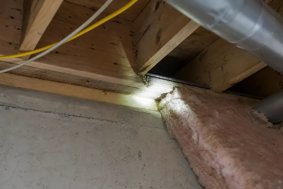 A torch beam on the rim joist of an unfinished basement ceiling, with batt insulation pulled out of one bay.