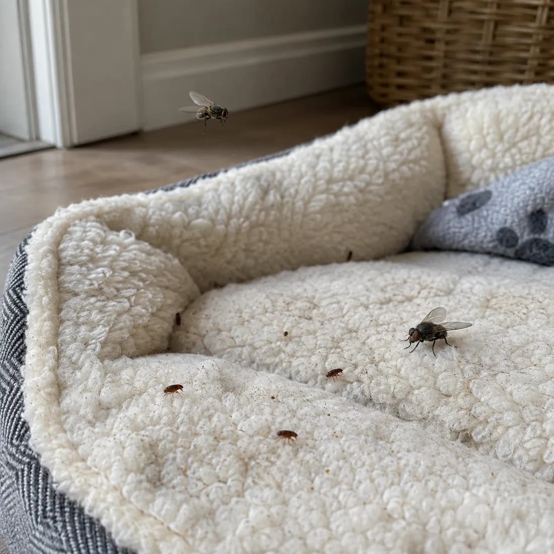 Several small brown fleas and two houseflies on the cream fleece lining of a dog bed indoors.