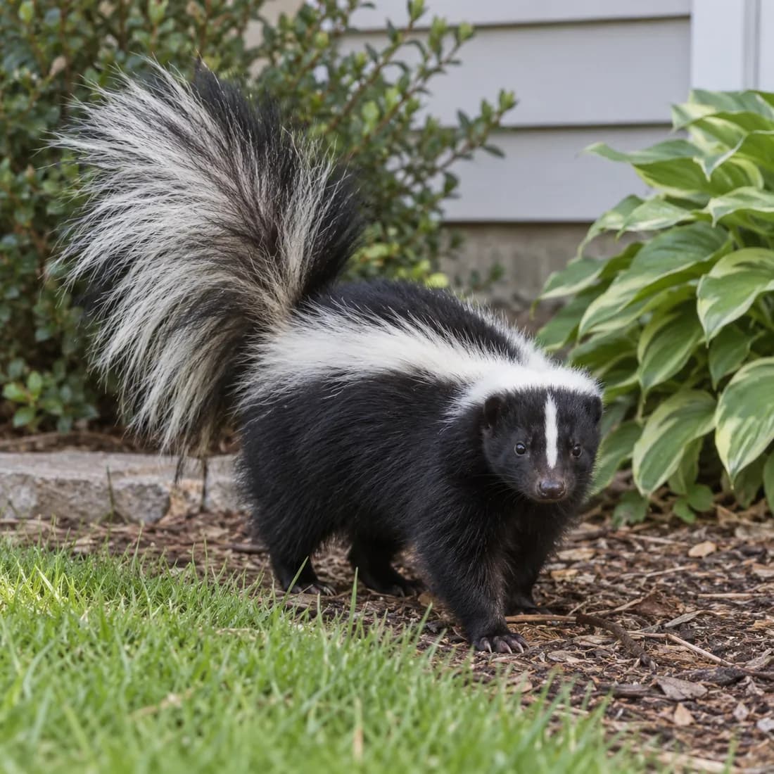 A striped skunk with its tail raised walking through a mulched garden bed beside pale house siding.