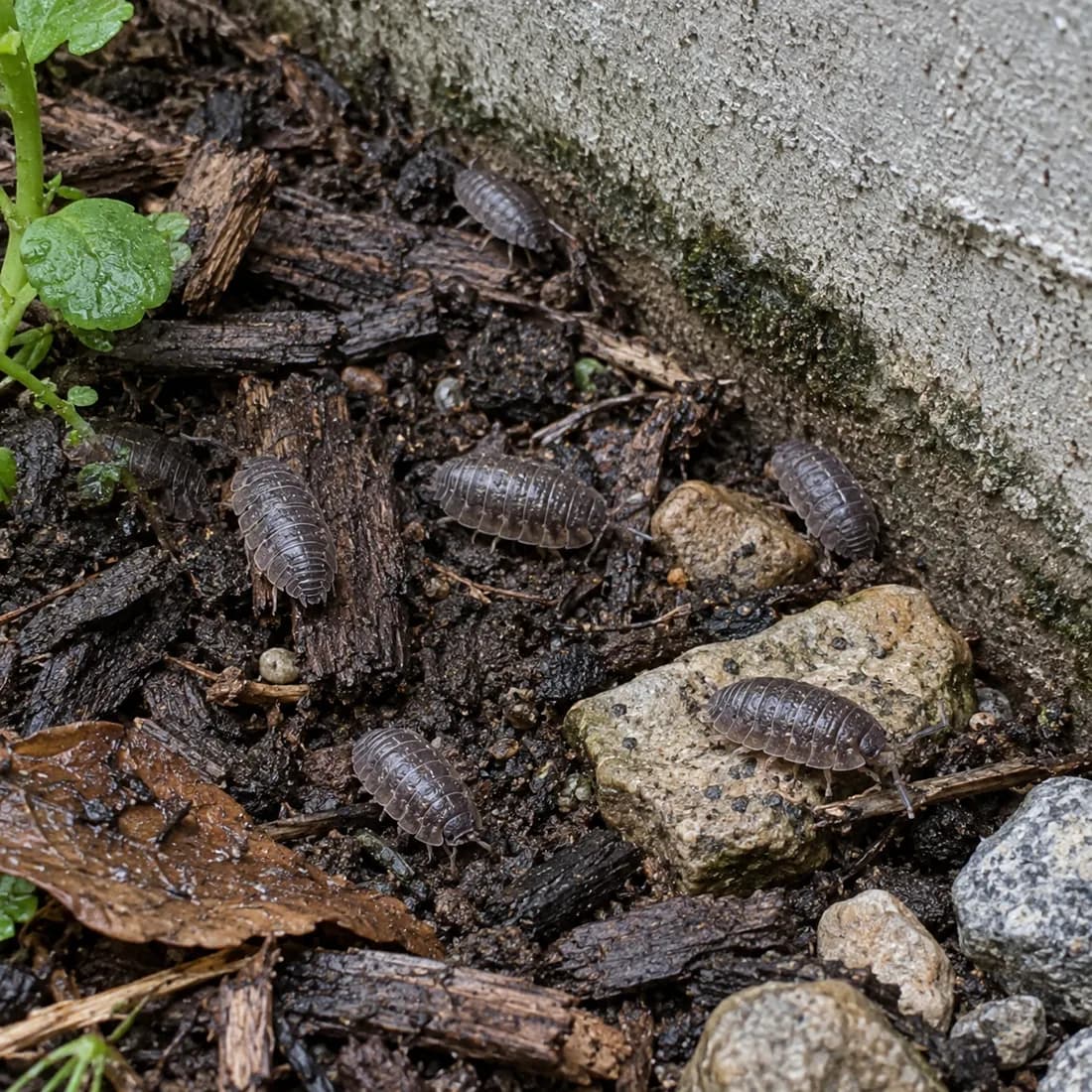 Half a dozen grey segmented sowbugs on wet bark mulch and stones against a mossy concrete foundation.