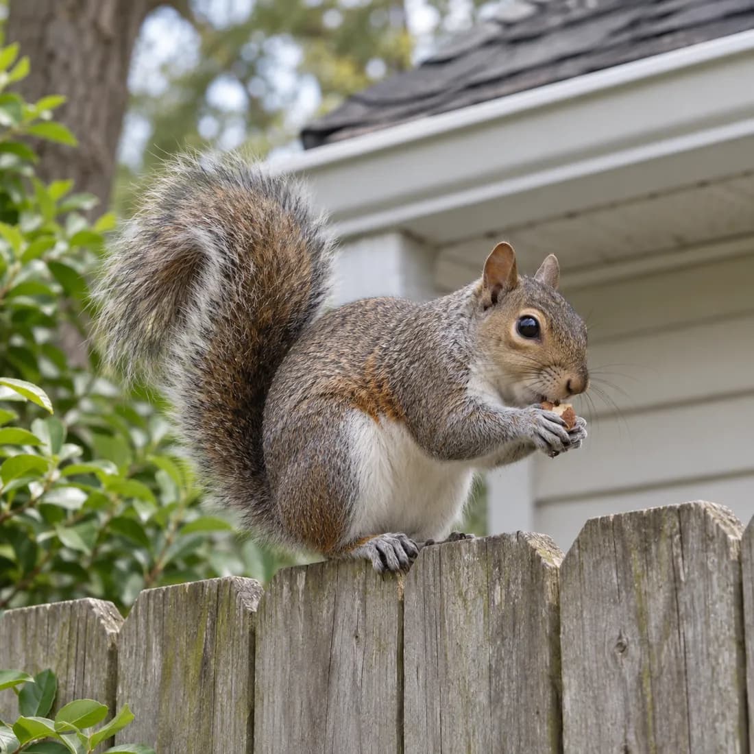 A grey squirrel sitting on a weathered wooden fence holding a nut, with a white garage roofline behind.