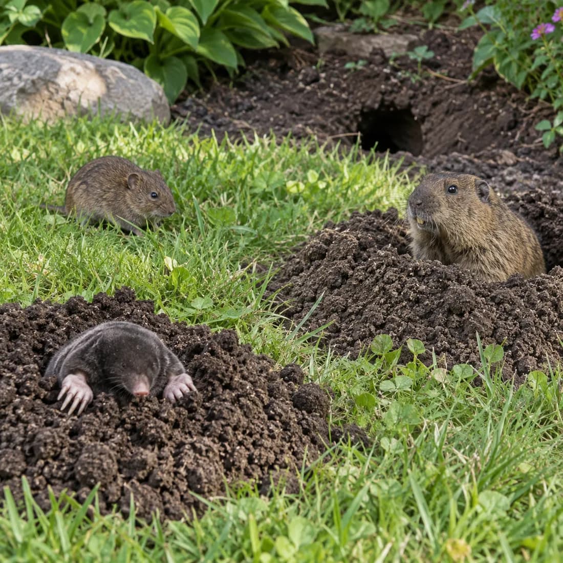 A vole in grass, a mole emerging from a soil mound and a gopher at a burrow entrance in a garden lawn.