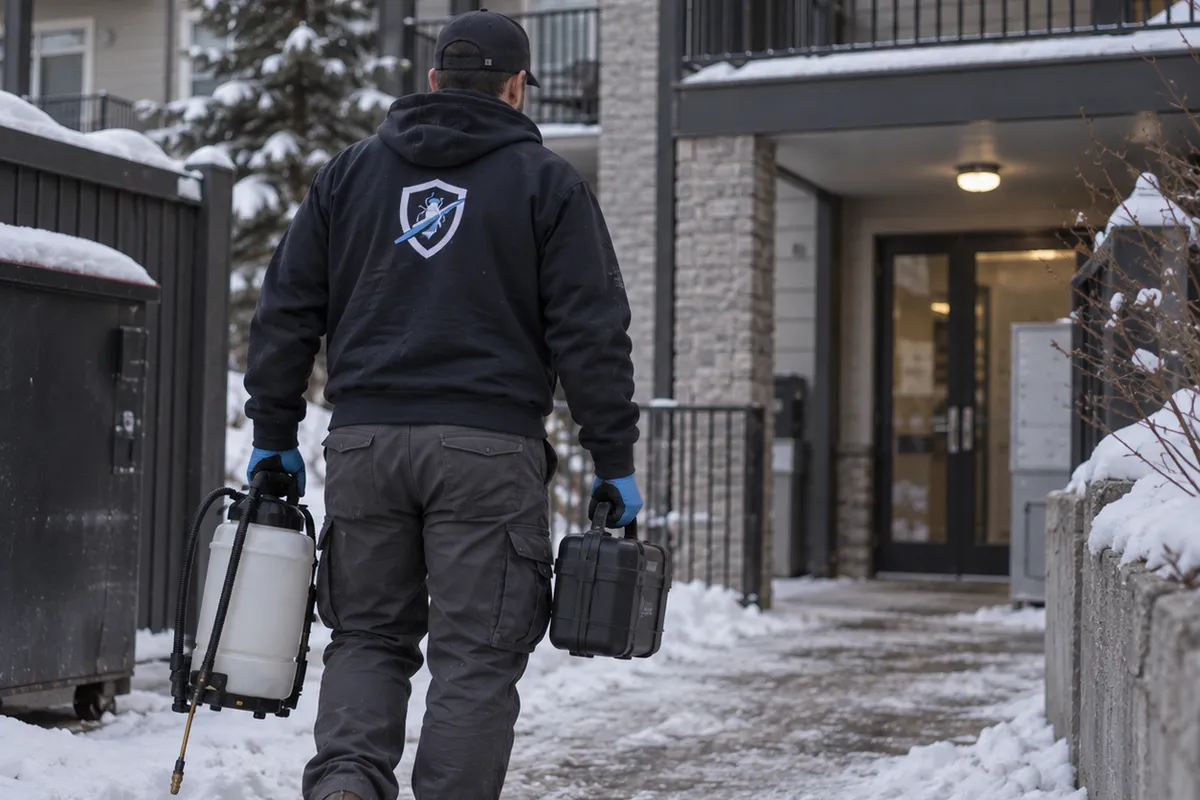 A technician carries a sprayer and case along a shovelled path to the entrance of a low rise condo block in snow.