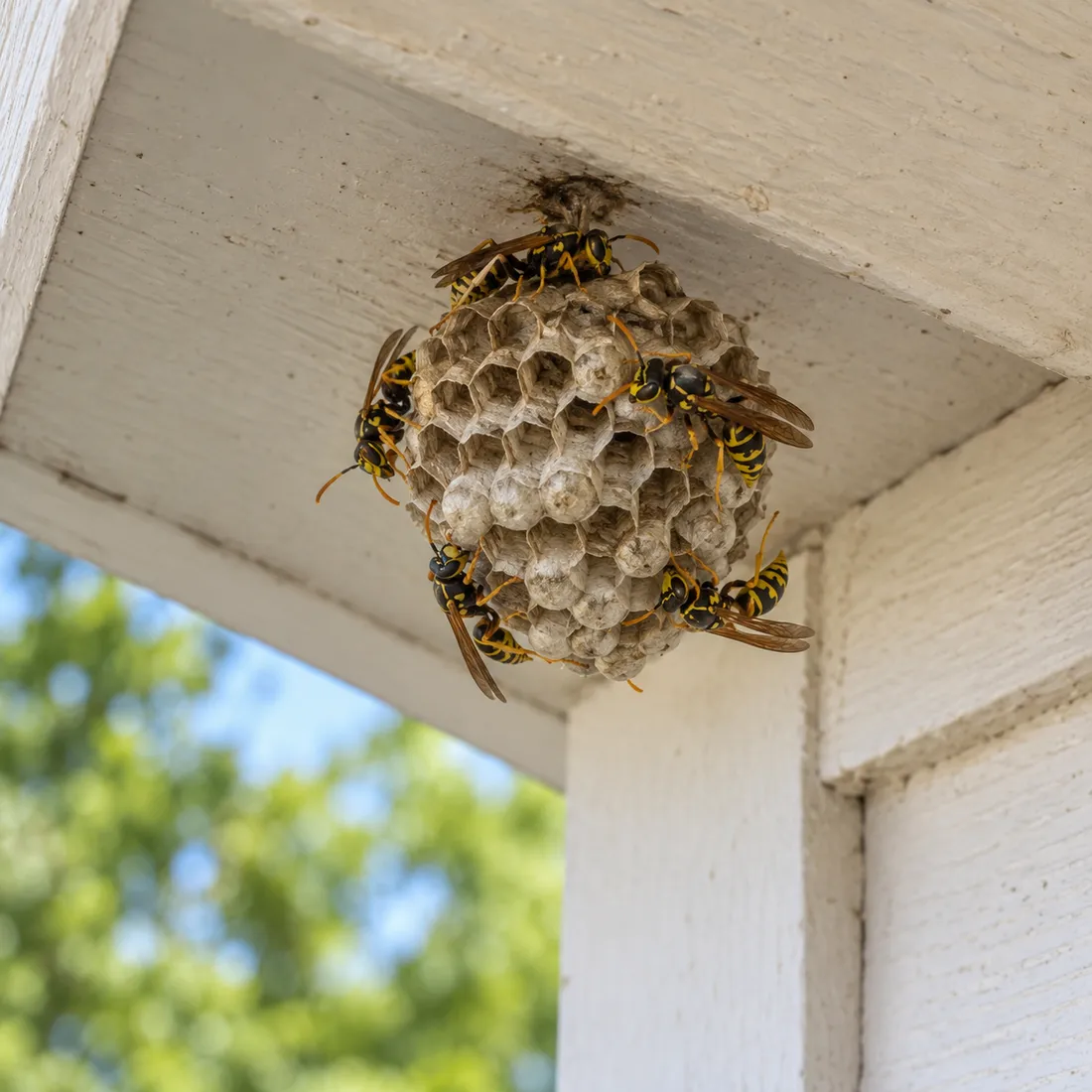 A grey paper wasp nest attached under a white painted eave with several yellow and black wasps on it.