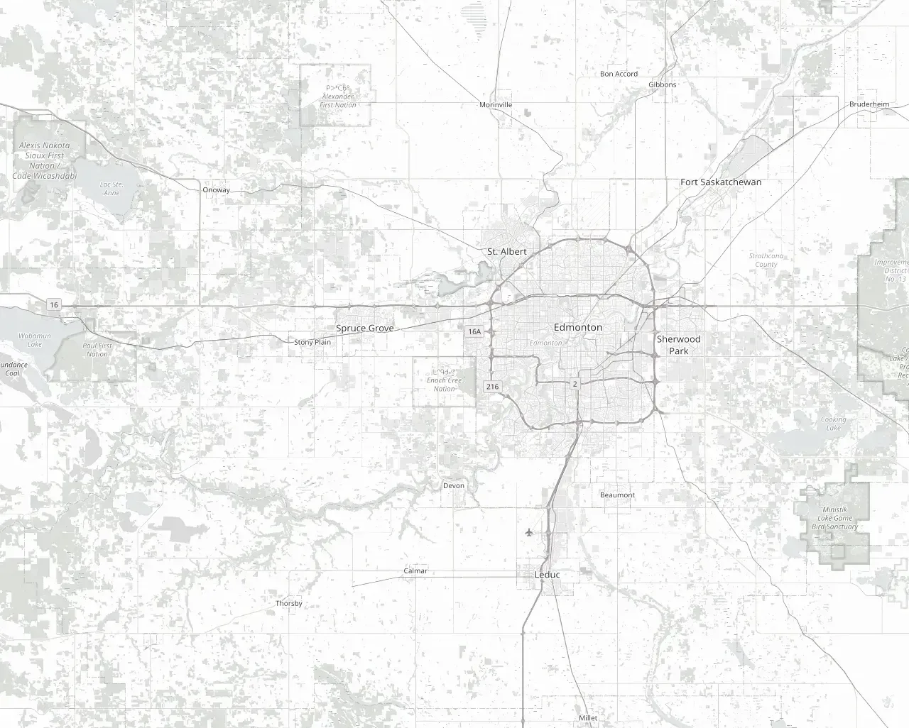 A map of the Edmonton region showing the ten towns YegPest covers.