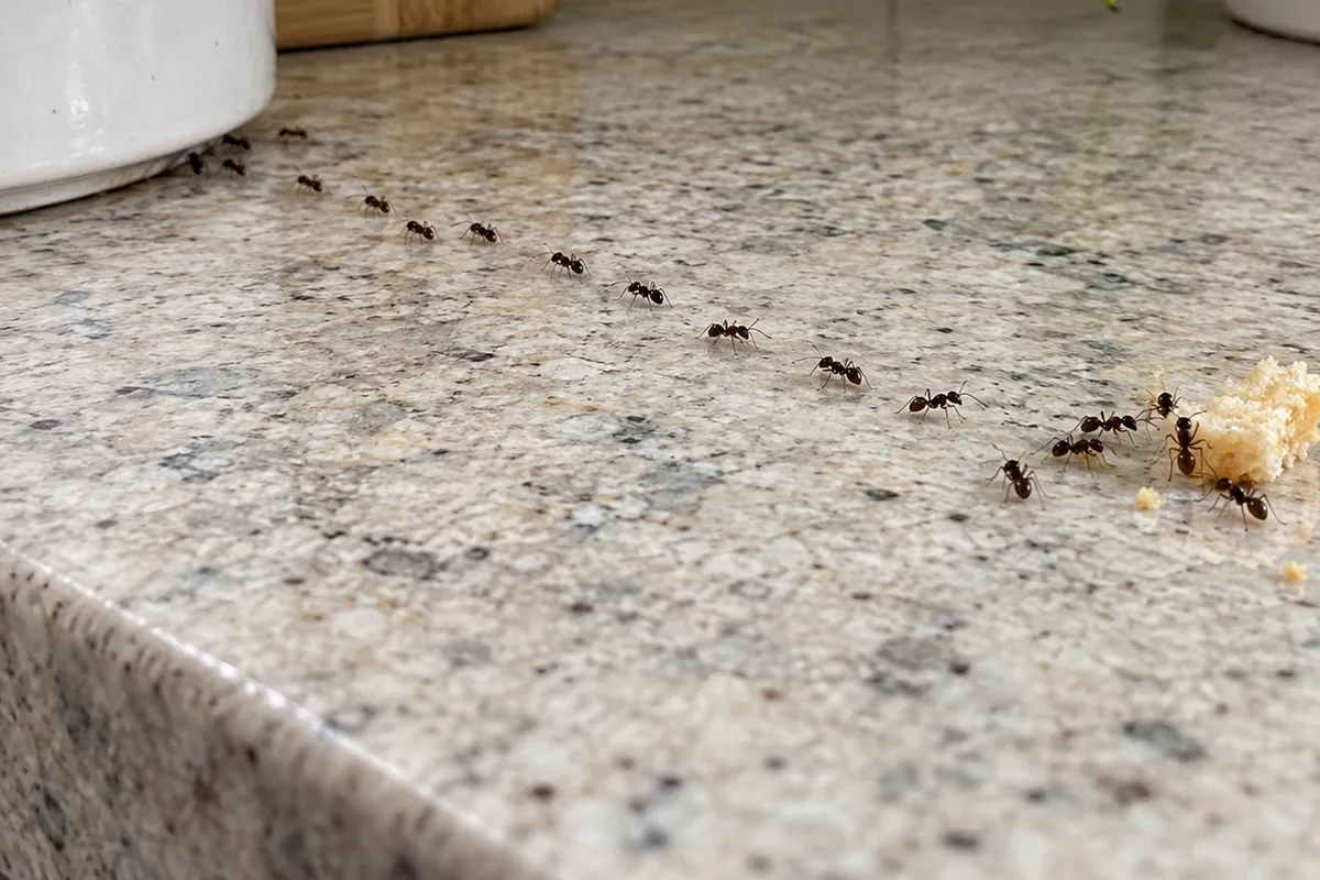 A line of small dark ants crossing a speckled granite kitchen counter toward crumbs beside a plant pot.