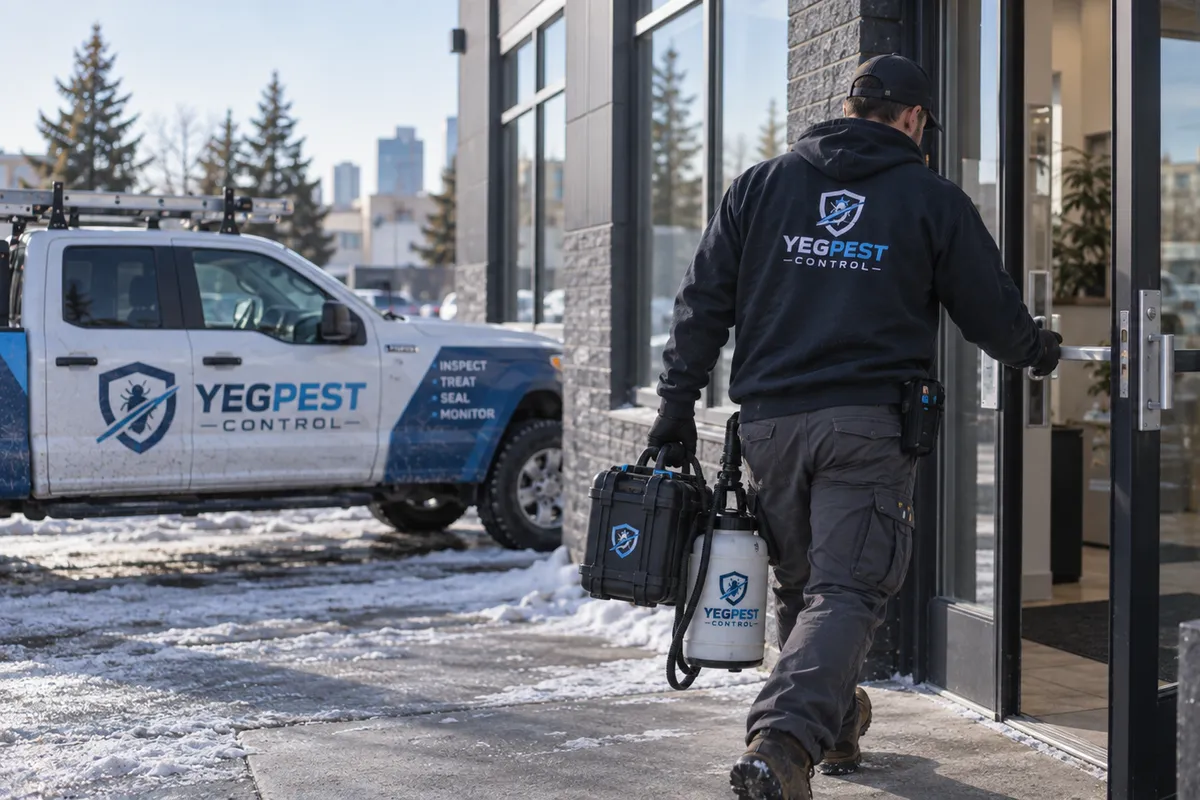 A technician in a black YegPest hoodie carries a case and sprayer through a glass door, branded truck behind.