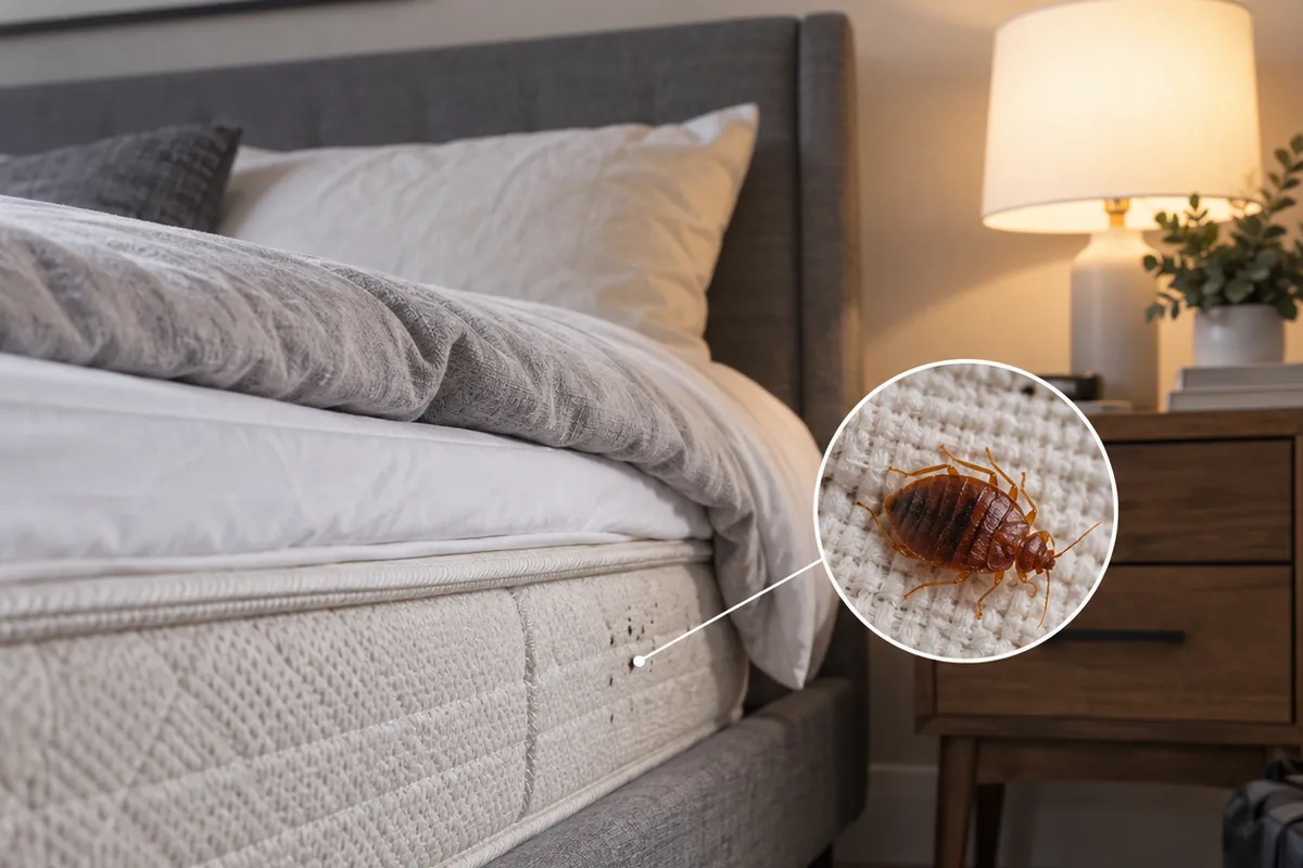 A made bed with a grey headboard and lit lamp, with a circular inset showing a bed bug on fabric.