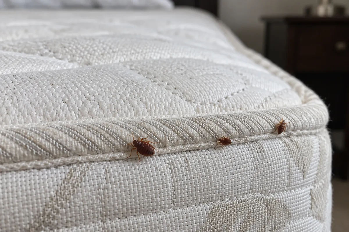 Three reddish-brown bed bugs walking along the corded piping at the top edge of a white mattress.