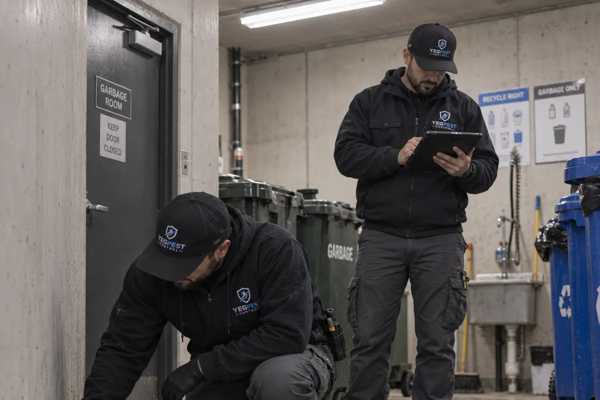 One technician sets a bait station on a bin room floor while a second logs it on a tablet beside the bins.