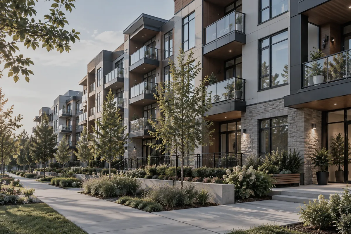 A four storey condo building with glass balconies, a stone entry and young trees along a wide sidewalk.