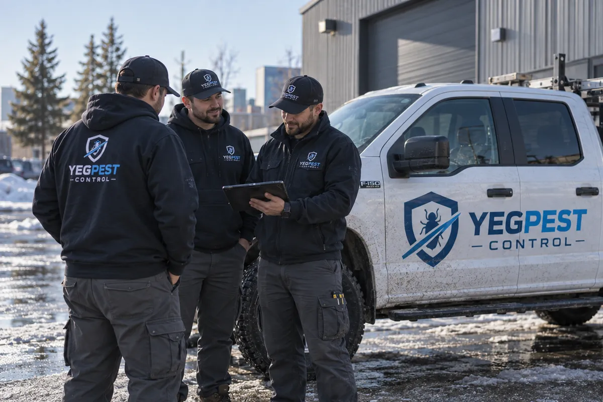 Three technicians in black YegPest hoodies and caps look at a tablet beside a white branded pickup truck.