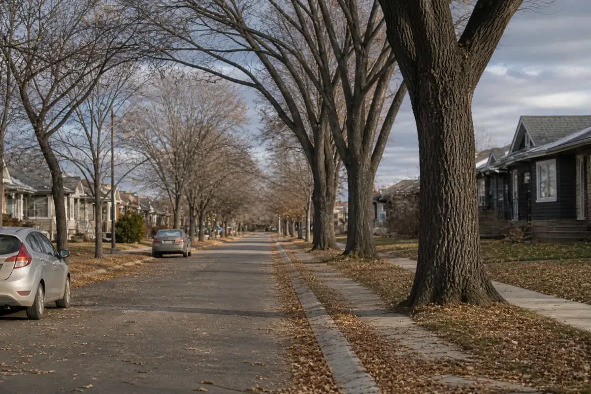 Mature elms arching over a street of post war bungalows with cars at the kerb and leaves on the boulevard.