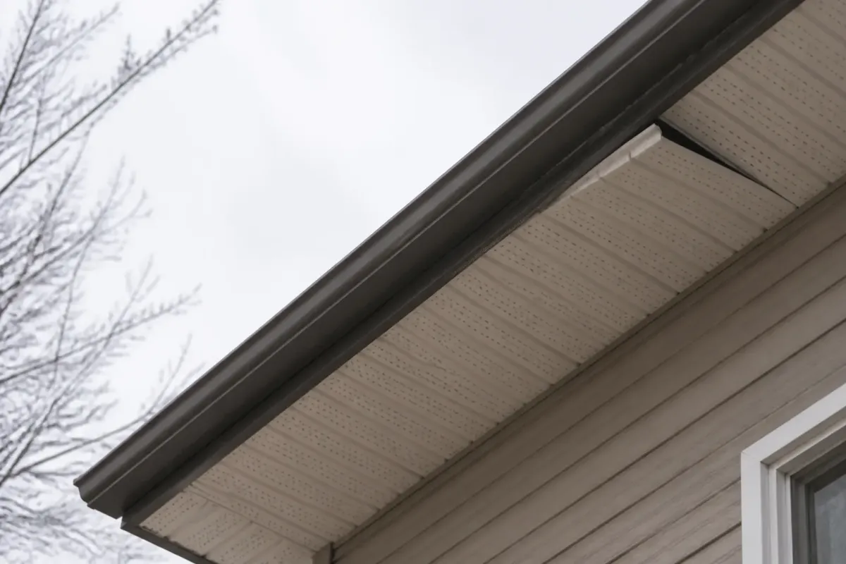 Looking up at a house roofline where a vented soffit panel has come out of its channel, leaving a dark gap.