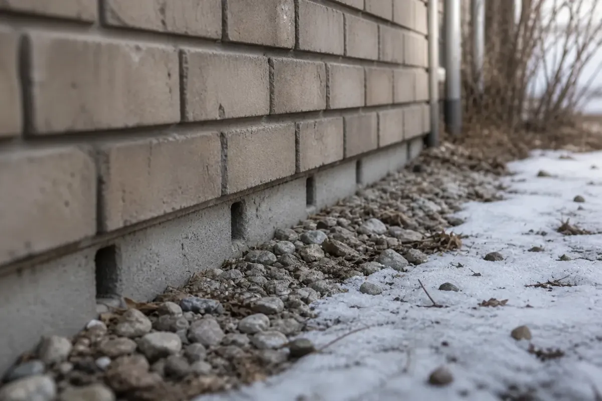 The mortar course at the base of a brick veneer wall showing open weep holes above a gravel strip in snow.