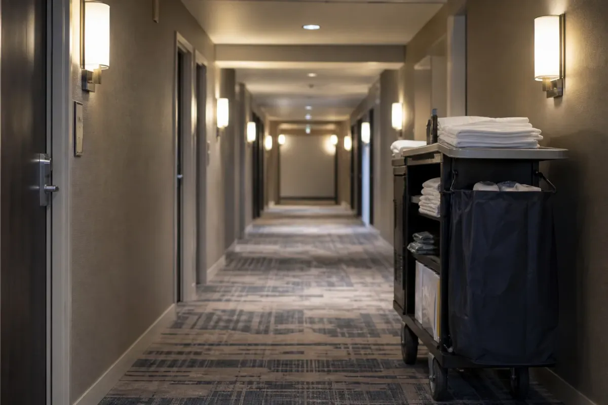 A carpeted hotel corridor of numbered doors and wall sconces, with a housekeeping cart parked against one wall.