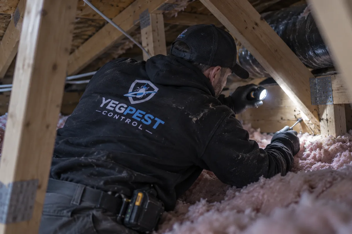 A technician lies in an attic among trusses and pink insulation, holding a flashlight and a tool.