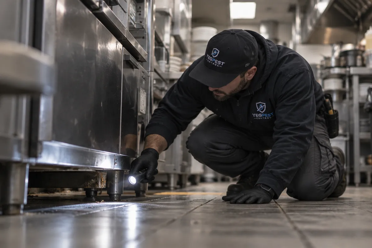 A kneeling technician shines a flashlight under a stainless oven base in a commercial kitchen.