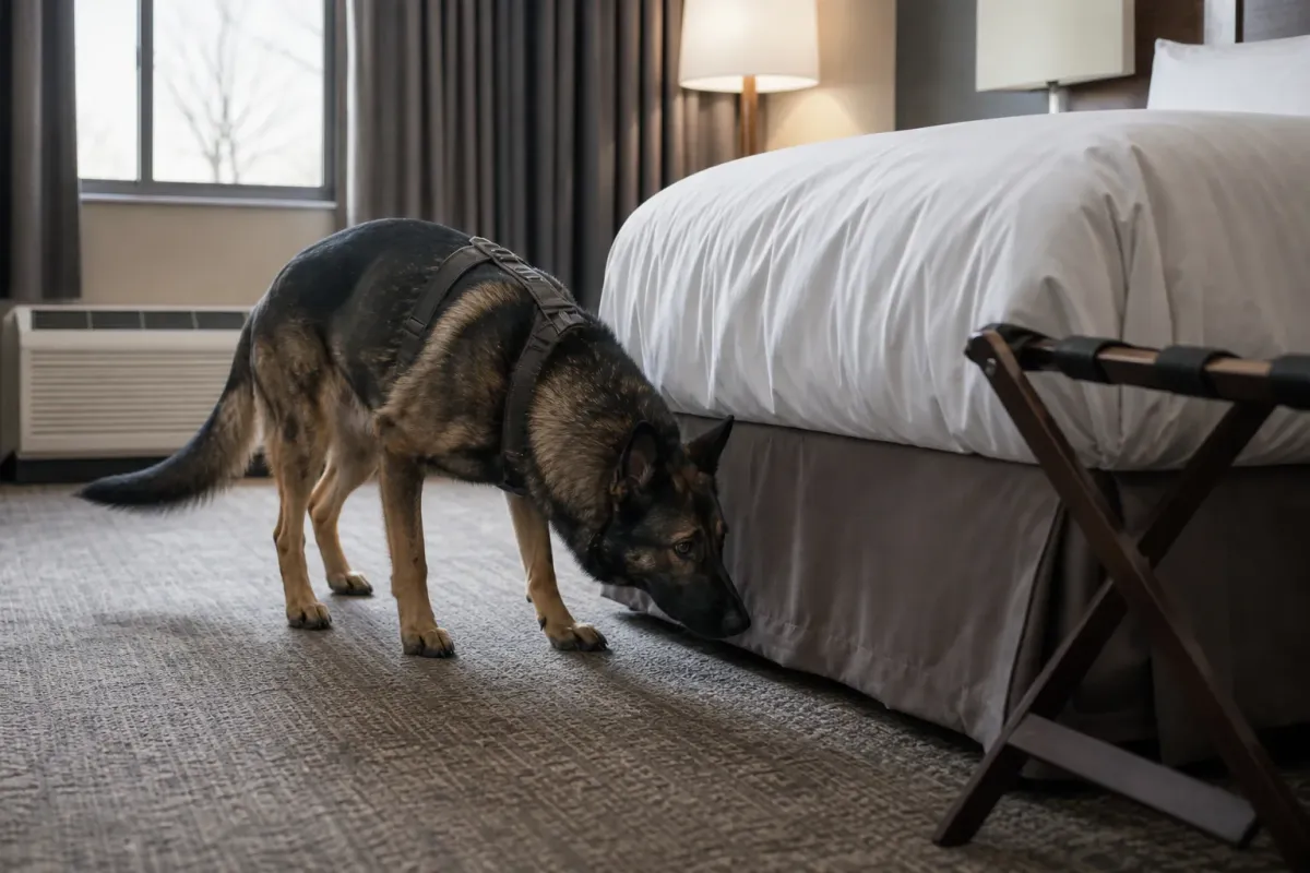 A German Shepherd detection dog checks the base of a made hotel bed beside a luggage rack.