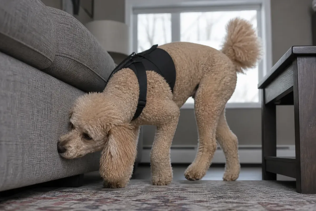 An apricot standard Poodle in a working harness sniffs along the cushion seam of a grey sofa in a living room.