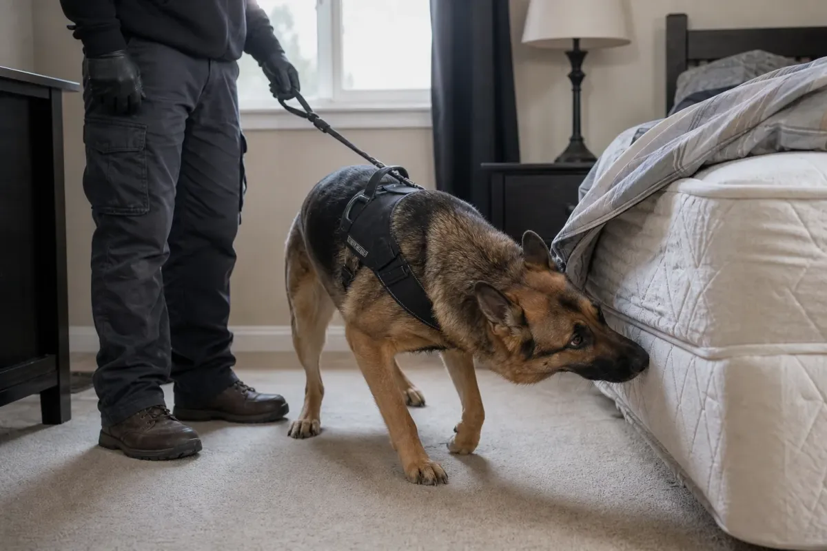 A German Shepherd in a working harness presses its nose to the seam of a mattress while a handler holds the leash.