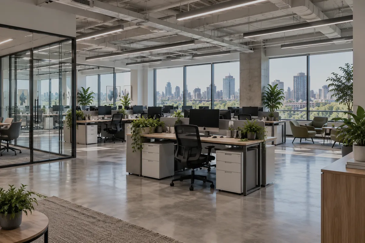 An open plan office with desks, mesh chairs, plants and floor to ceiling windows showing a city skyline.