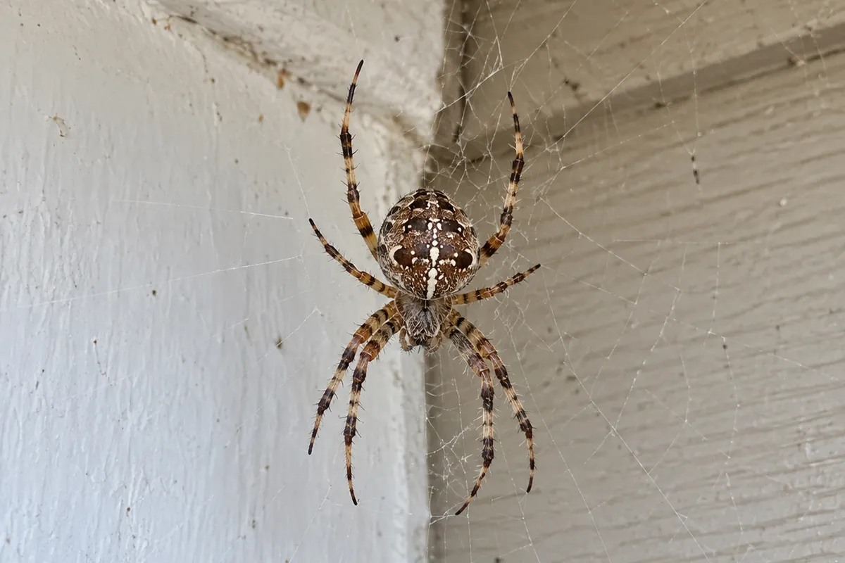 A brown patterned orb weaver spider on its web in the corner of a white painted wooden porch ceiling.
