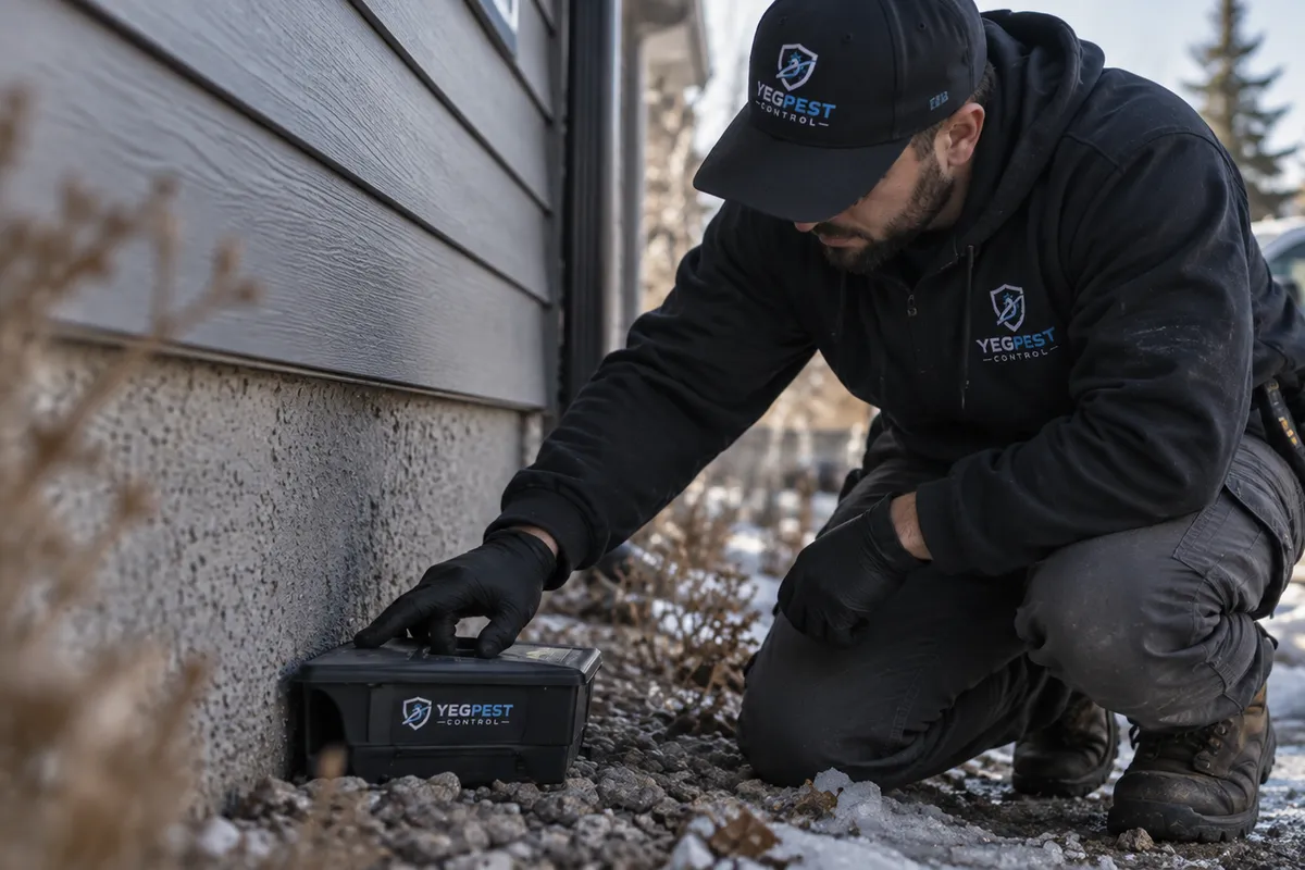 A crouching technician sets a black branded rodent bait station against a house foundation in the snow.