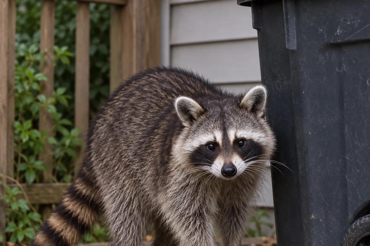 A raccoon standing on a weathered wooden deck next to a black wheeled garbage bin, facing the camera.