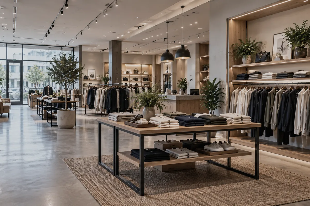 A clothing shop interior with folded knitwear on a wooden table, racks of jackets and shelved stock.