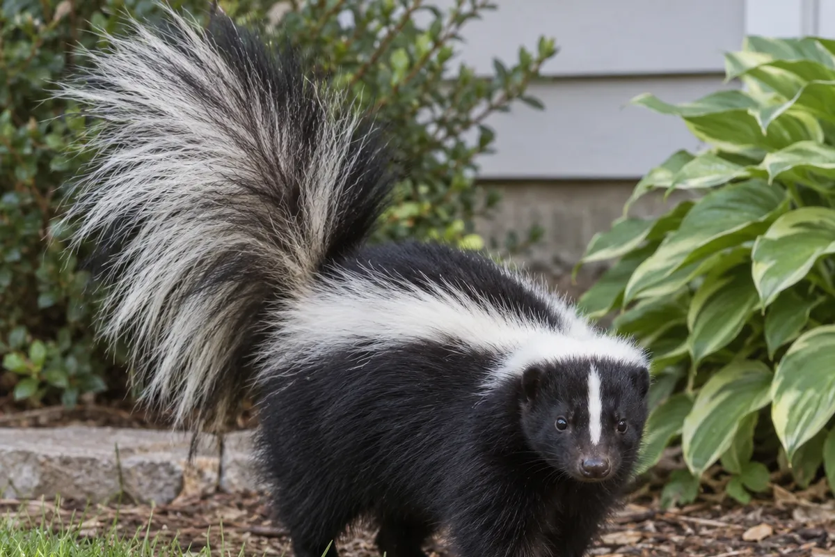 A striped skunk with its tail raised walking through a mulched garden bed beside pale house siding.