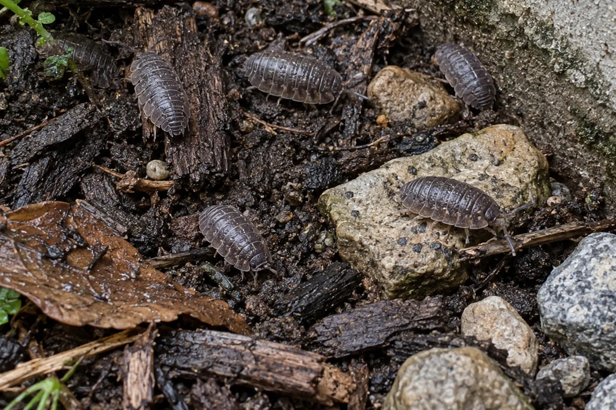 Half a dozen grey segmented sowbugs on wet bark mulch and stones against a mossy concrete foundation.