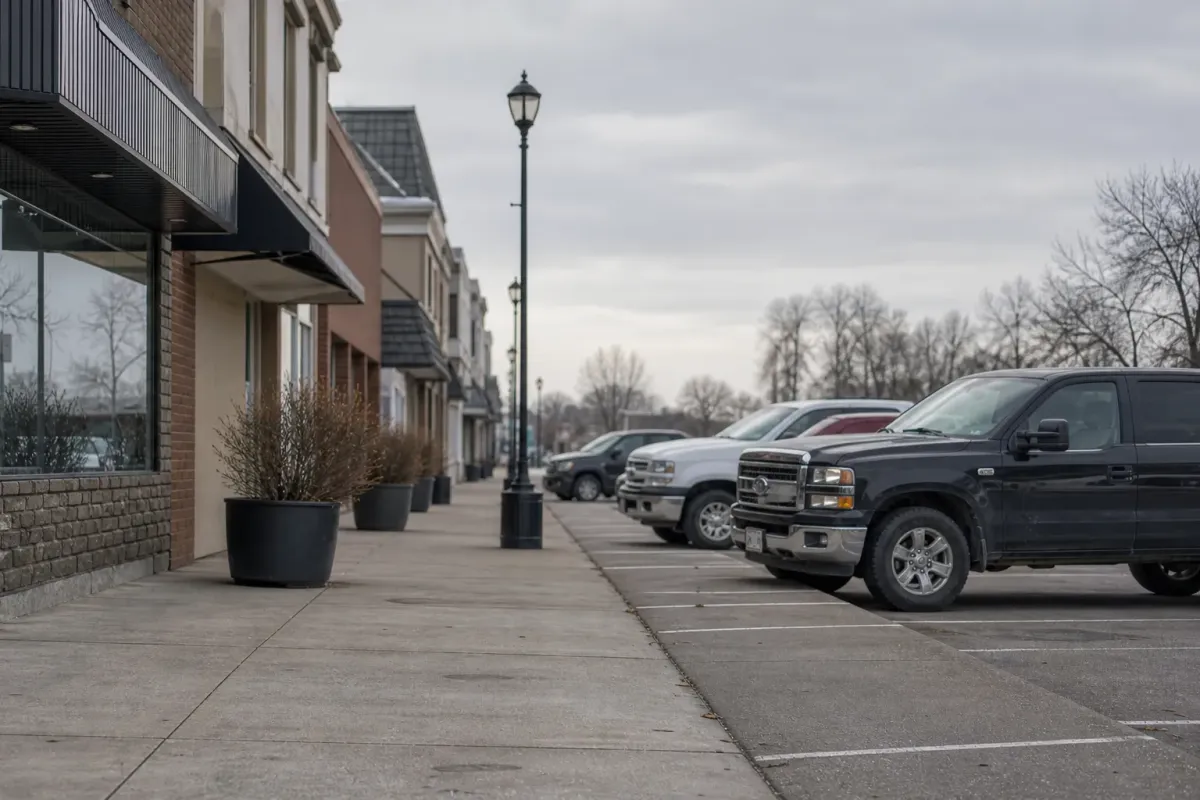 Two storey brick and stucco storefronts with awnings and angled parking on a quiet town main street.