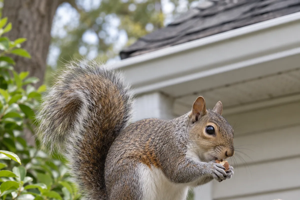 A grey squirrel sitting on a weathered wooden fence holding a nut, with a white garage roofline behind.