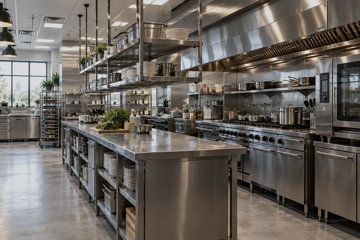A commercial kitchen with stainless prep tables, overhead shelves of pans and a gas range under a hood.