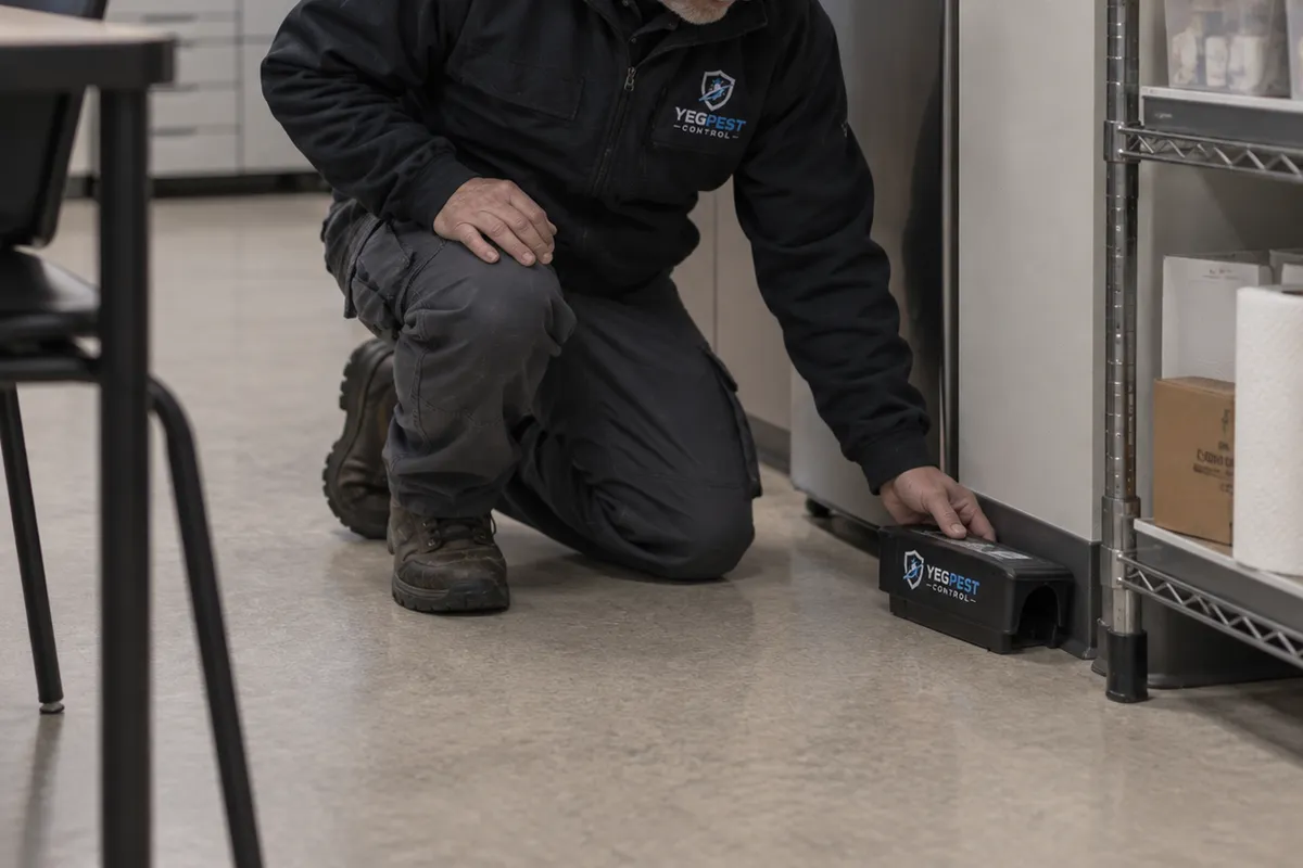 A kneeling technician slides a black monitoring station under shelving in an office kitchenette.