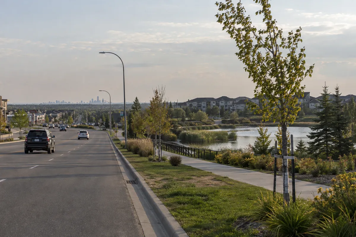 A four lane suburban road past a retail plaza and a stormwater pond, with a distant skyline on the horizon.