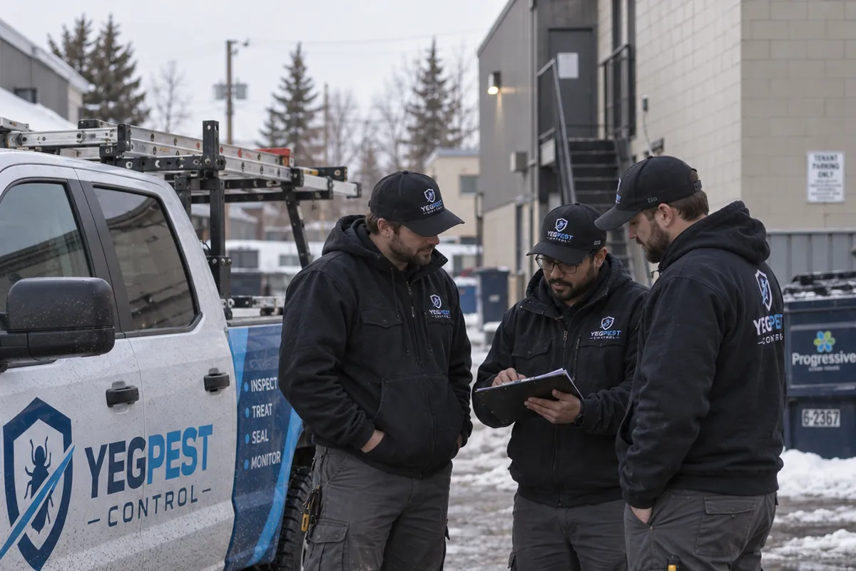 Three technicians in black YegPest hoodies stand at a branded pickup going over a clipboard in the snow.