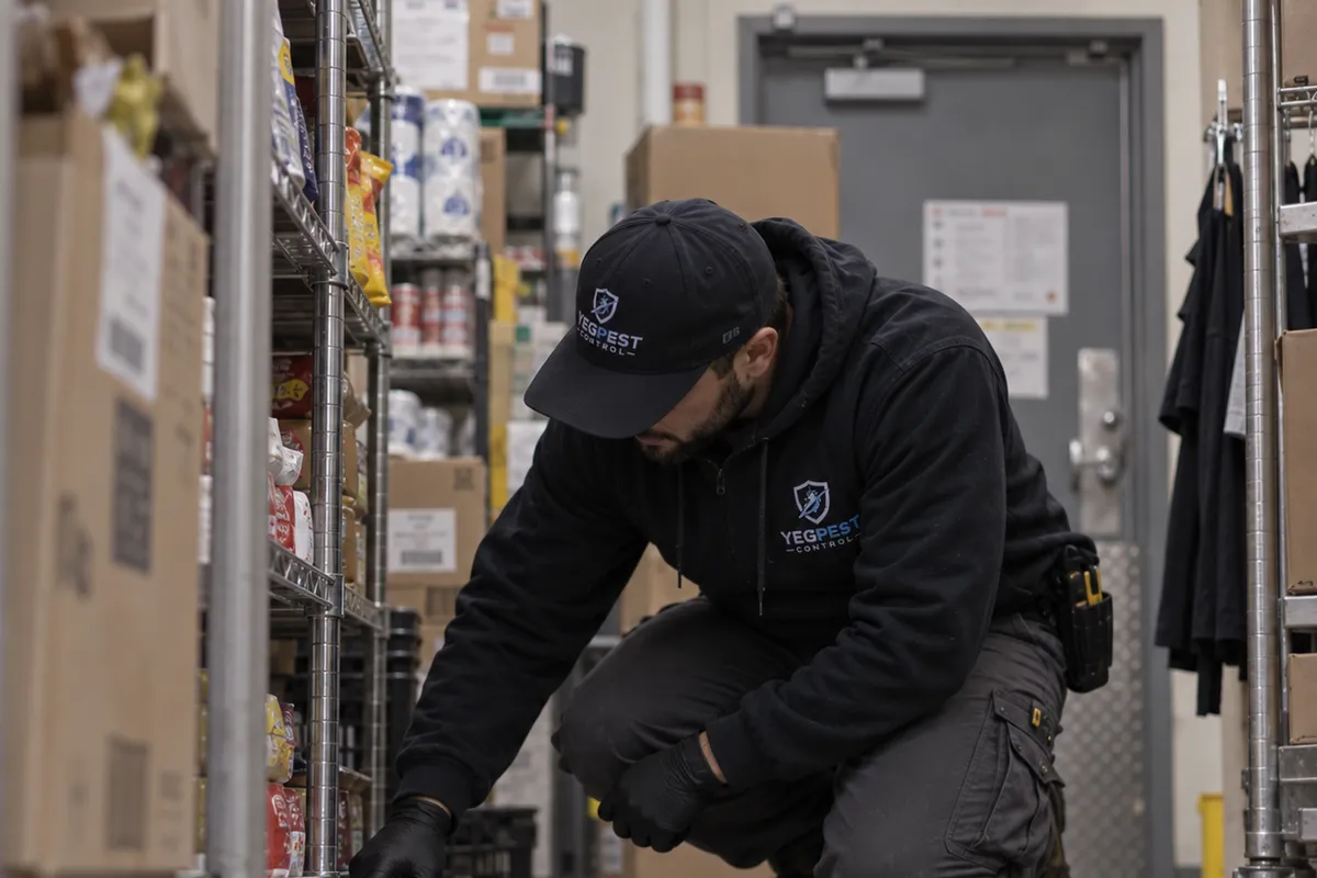 A kneeling technician shines a torch along the floor of a narrow retail stockroom aisle stacked with boxes.