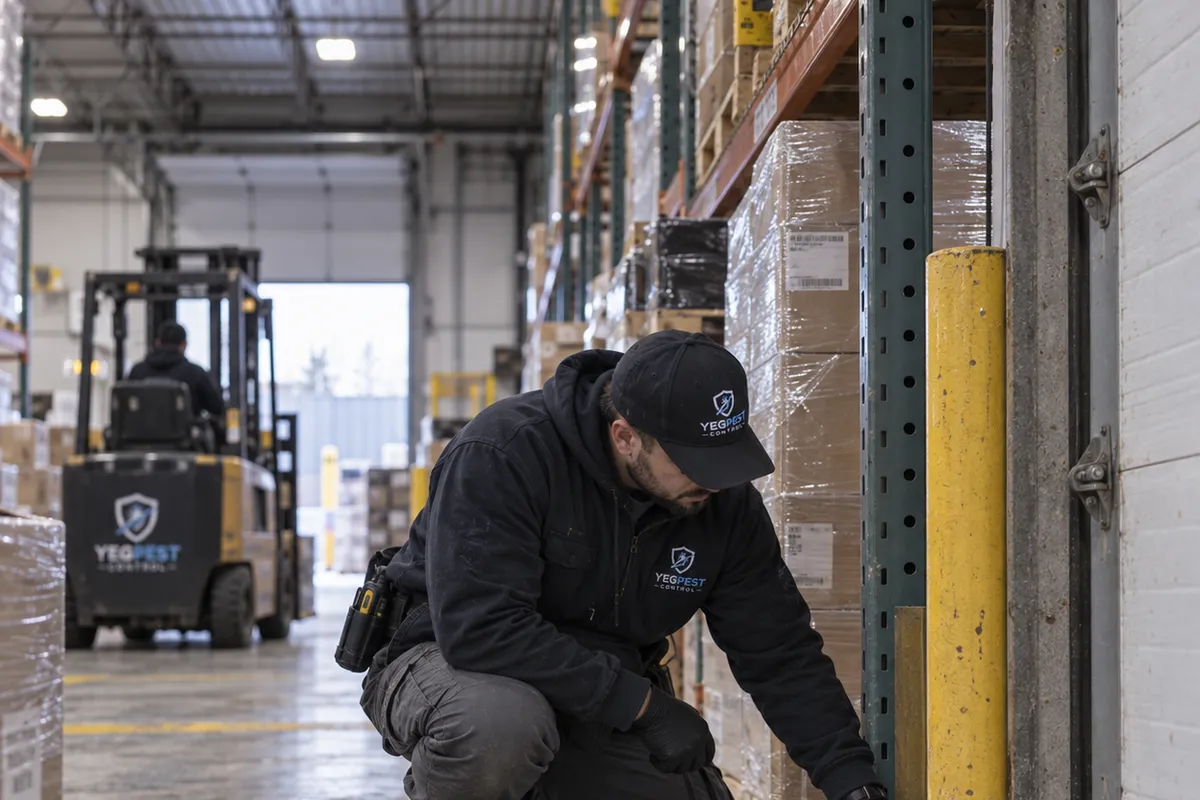 A kneeling technician shines a torch along the base of pallet racking in a warehouse aisle, forklift beyond.