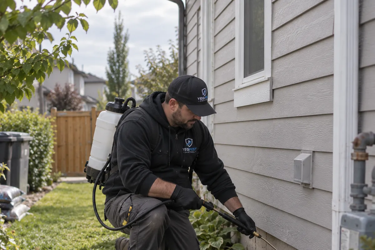 A kneeling technician with a hand sprayer treats the planting bed where a lawn meets the base of a house wall.