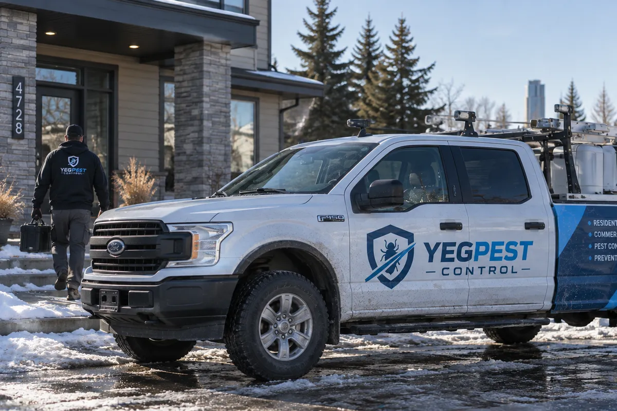 A white YegPest pickup parked at a modern home in snow while a technician carries a case to the door.