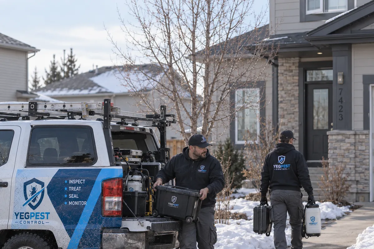 Two technicians in black YegPest hoodies carry hard cases from a branded pickup up a wet driveway to a house.