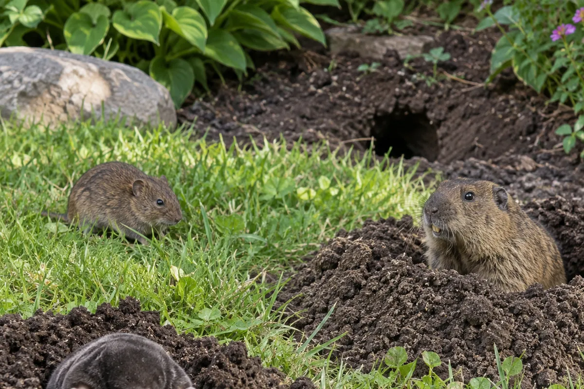 A vole in grass, a mole emerging from a soil mound and a gopher at a burrow entrance in a garden lawn.