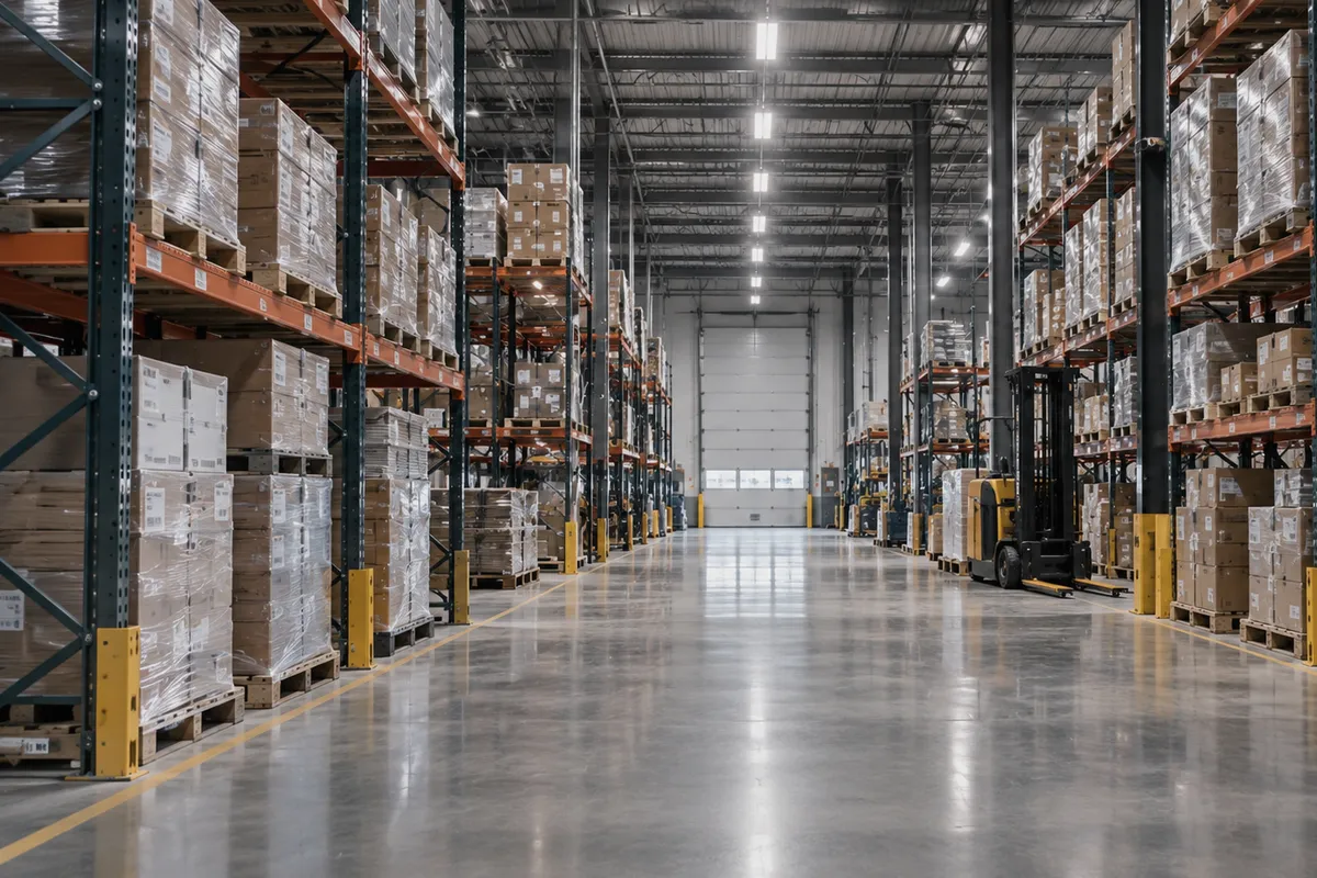 A wide warehouse aisle between tall pallet racks of boxed stock, with a forklift parked on the right.