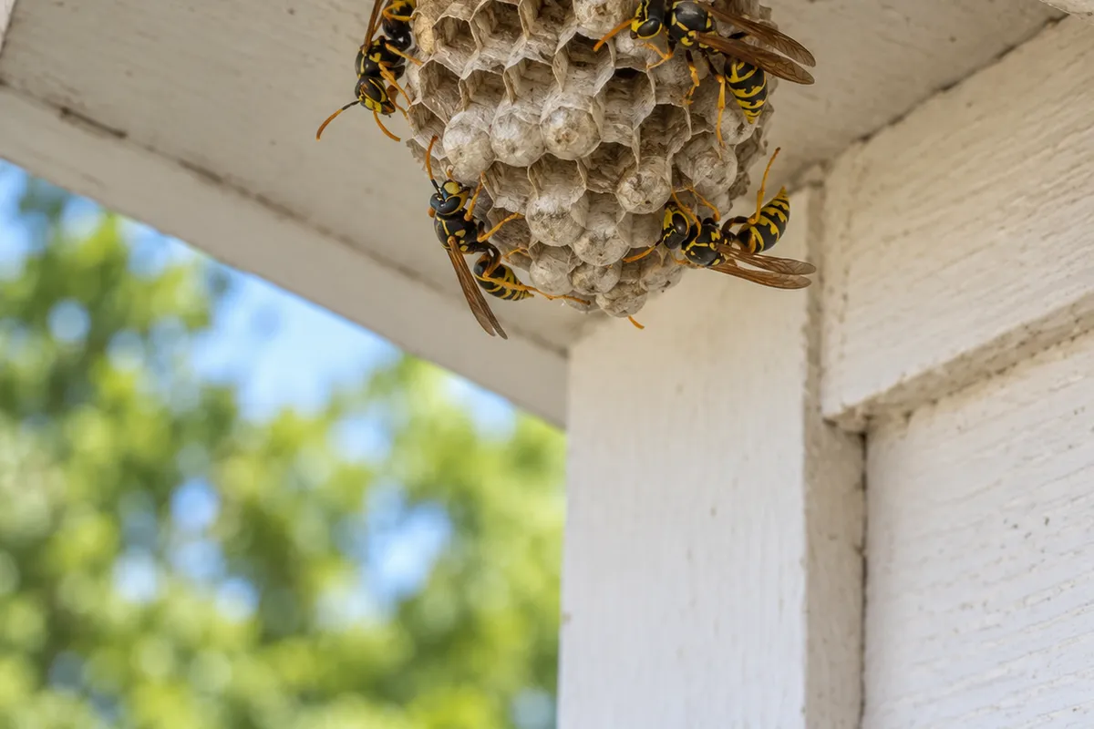 A grey paper wasp nest attached under a white painted eave with several yellow and black wasps on it.